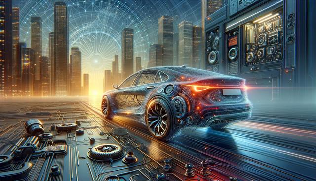 Futuristic car on a digital road with a city skyline and glowing circuitry.