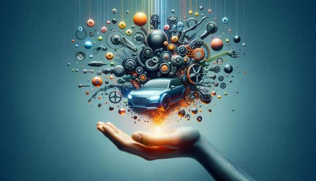 A hand holds a futuristic car surrounded by floating car parts and gears on a gradient blue background.