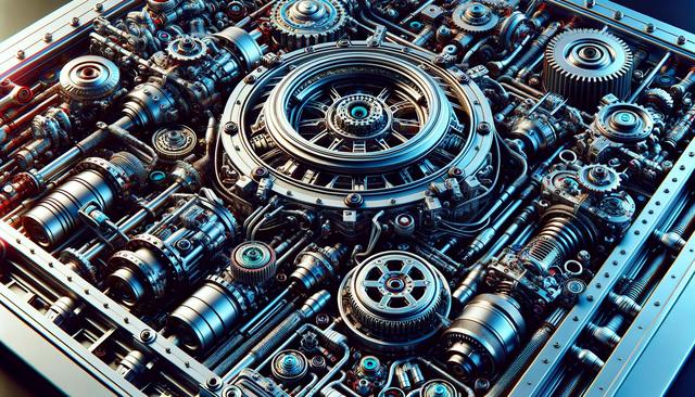 Intricate mechanical gears and cogs in a dense, detailed arrangement.