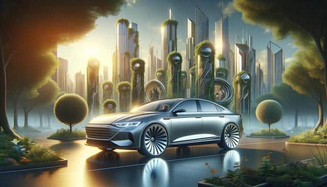 Futuristic car in a green cityscape with tall, plant-covered buildings and trees, under a sunrise.