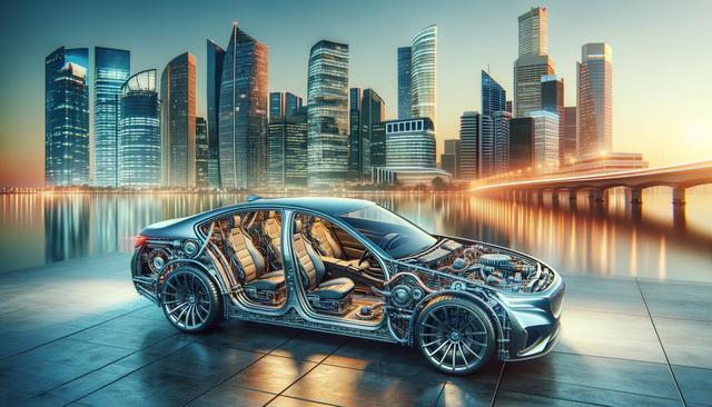 Transparent electric car showing interior and engine details in front of a modern cityscape.