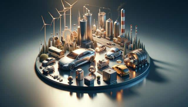 Miniature cityscape on a circular platform featuring cars, buildings, wind turbines, and industrial structures.