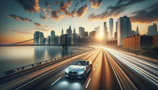 A silver car drives on a city highway at sunset, with skyscrapers and a bridge in the background.