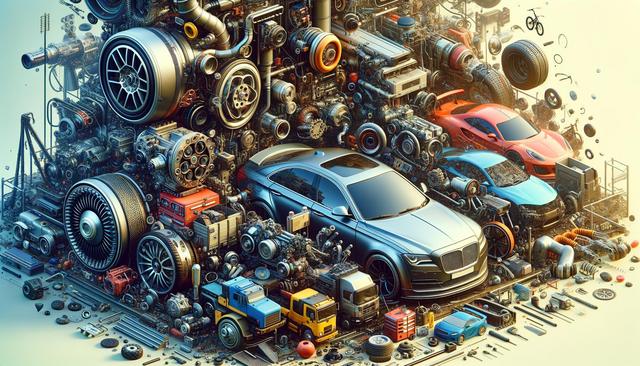 A complex, futuristic assembly of various car parts, engines, and vehicles, including a prominent silver car surrounded by automotive machinery.
