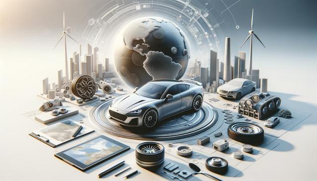 A futuristic scene with two cars, a large globe, skyscrapers, wind turbines, and automotive components scattered around.
