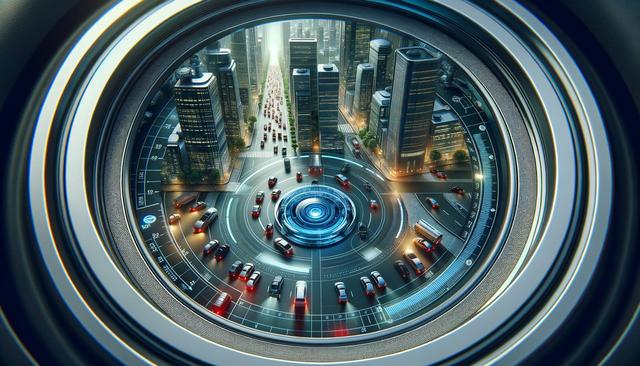 A futuristic cityscape viewed through a camera lens, with skyscrapers and cars on roads forming a circular pattern.