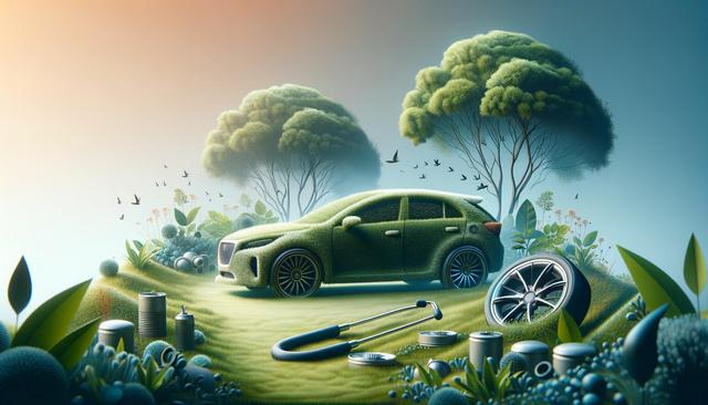 A grassy car with nature elements, set in a lush, whimsical landscape under trees.