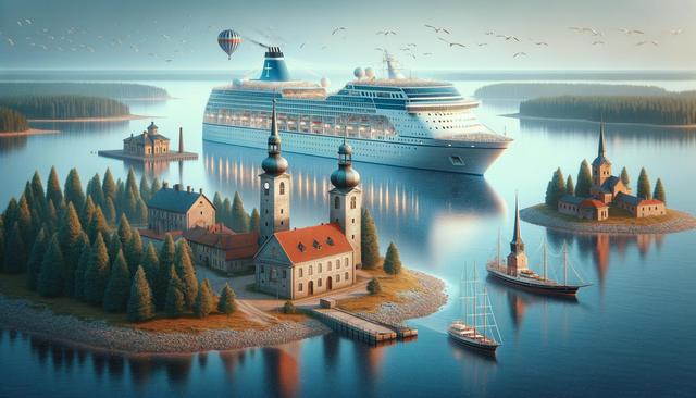 A serene lake scene with small islands, buildings, a cruise ship, hot air balloon, and sailboats surrounded by trees and birds.