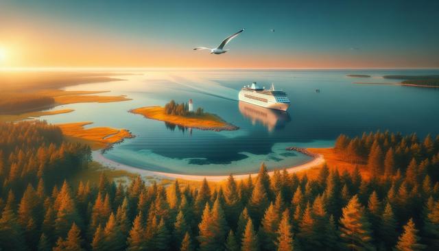 A cruise ship sails near an island with a lighthouse, surrounded by a tranquil sea and dense, sunlit forests.