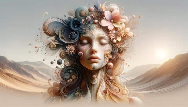Surreal portrait of a serene face with intricate, swirling floral and abstract patterns, set against a desert landscape at sunrise.
