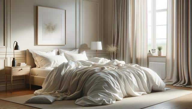A cozy bedroom with a rumpled bed, neutral tones, large window, curtains, nightstands, and lamps.
