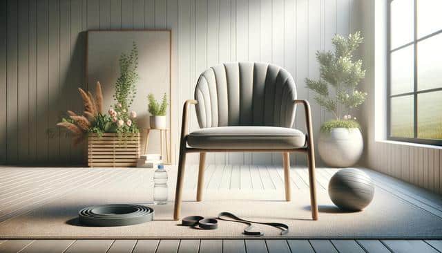 A cozy room with a gray chair, exercise mat, water bottle, resistance bands, plants, and a large window letting in sunlight.