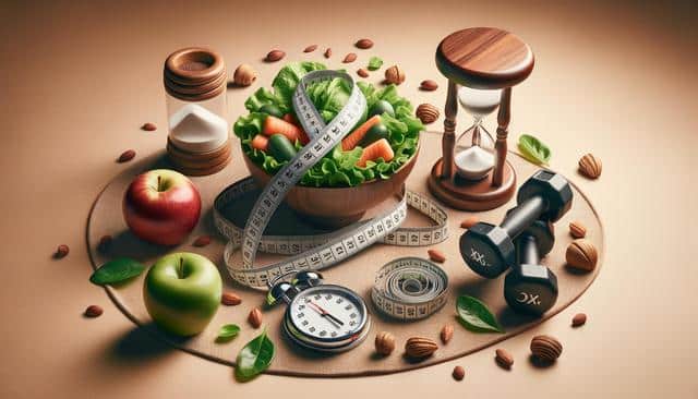 A bowl of vegetables with a measuring tape, surrounded by fruits, an hourglass, a stopwatch, and dumbbells.