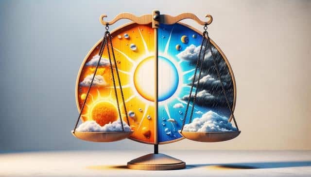 A wooden scale with an abstract sun scene on one side and a rain scene on the other.
