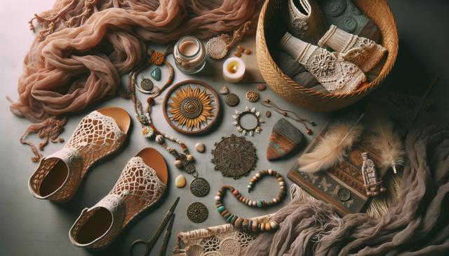 Intricate bohemian-themed arrangement with crochet sandals, patterned fabrics, woven accessories, candles, beads, and natural elements.
