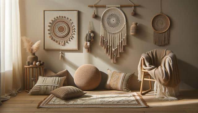 Cozy room with macramé wall art, woven pillows and blanket, wooden chair, and a side table with dried flowers.