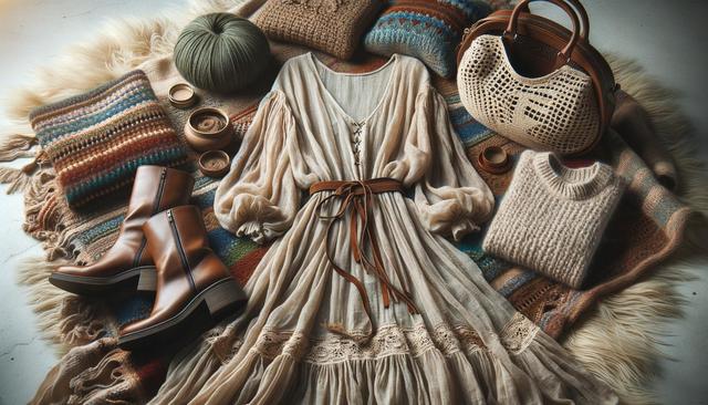 Cozy autumn outfit with a beige dress, brown boots, knitted accessories, and a woven bag.
