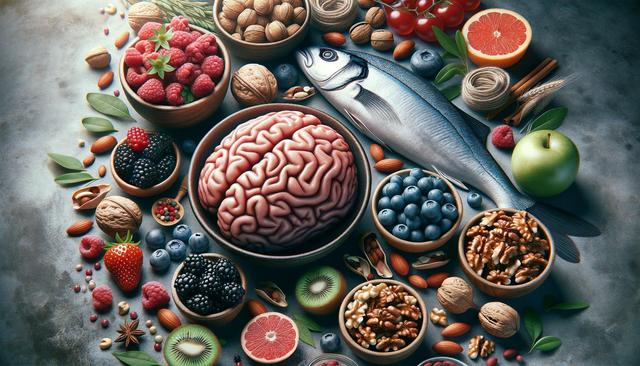 A variety of brain-boosting foods, including nuts, fruits, fish, and grains, arranged creatively around a central ceramic bowl shaped like a brain.