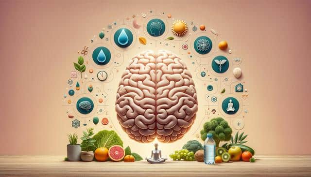 A brain surrounded by healthy foods, plants, a meditating figure, and wellness icons.