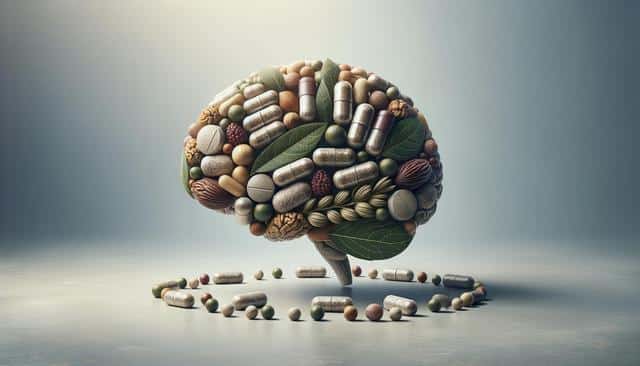 A brain shape made of various pills, capsules, nuts, seeds, and leaves on a smooth surface.