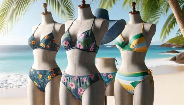 Three mannequins wearing colorful bikinis with floral and striped patterns on a beach.
