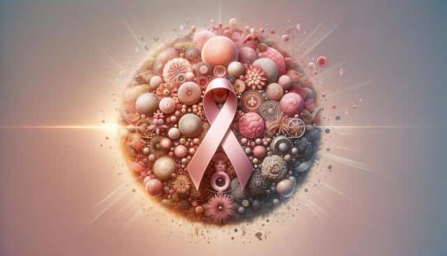 Pink ribbon surrounded by diverse pink textures and objects in a spherical arrangement.