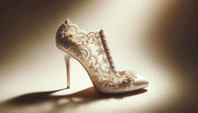 Elegant high-heeled shoe with intricate lace and pearl details.