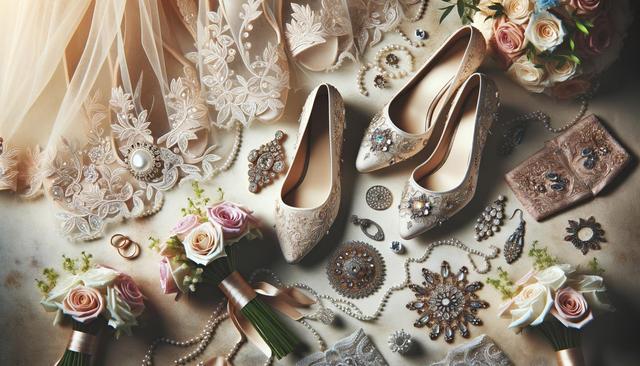 Elegant wedding flat lay with lace shoes, pearl jewelry, bouquets, and floral details.