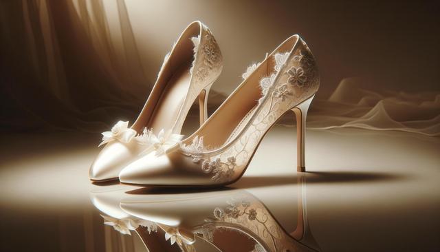 Elegant ivory high heels with lace and floral accents, reflected on a shiny surface.