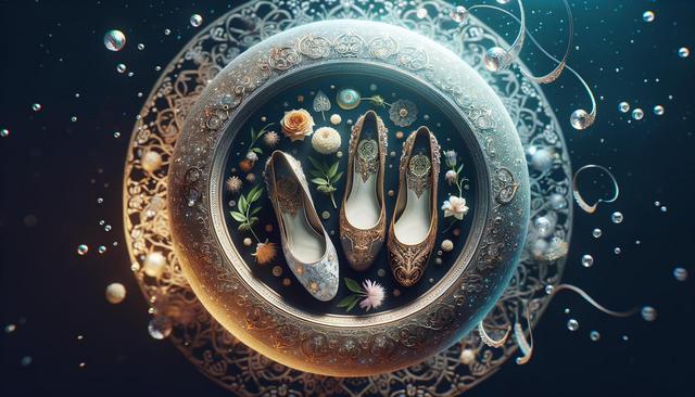 Three ornate shoes are surrounded by flowers and intricate decorations in an elaborate circular frame.