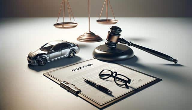 A damaged toy car, scales, gavel, and insurance document with glasses and pen on a table.