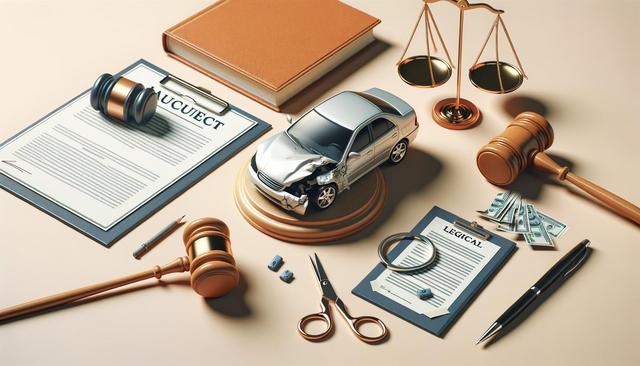 A mini crashed car on a pedestal, surrounded by legal documents, gavels, scales, a book, money, dice, a pencil, and scissors.