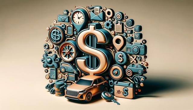 A 3D illustration of a dollar sign surrounded by various symbols like a car, key, clock, calendar, and more, representing finance and business concepts.