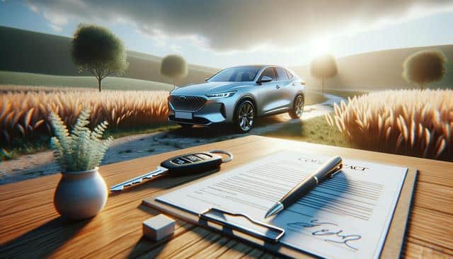 A car on a rural road with a contract, pen, and keys on a table in the foreground.
