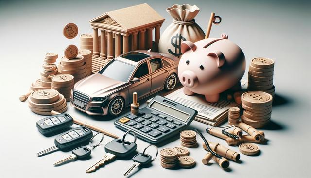 A 3D scene with a car, piggy bank, coins, calculator, keys, and a bank building, symbolizing finance.