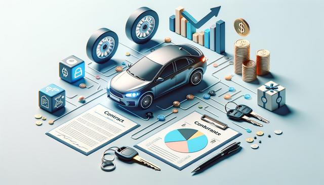 Illustration of a car surrounded by charts, coins, keys, and documents, symbolizing financial aspects of car ownership.