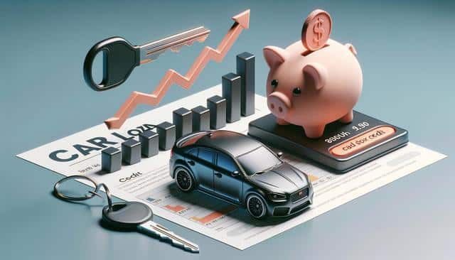 A miniature car, piggy bank, keys, and upward graph on a car loan document.