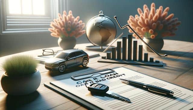 A desk with a toy car, car key, loan document, bar graph, globe, and plants.
