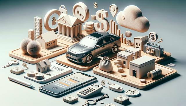 3D-rendered scene with a car, bank building, smartphone, coins, calculator, and symbolic finance elements.