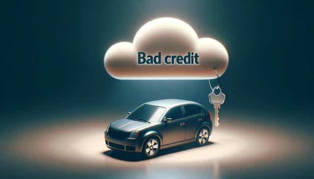 A car under a cloud labeled "Bad credit" with a key attached.
