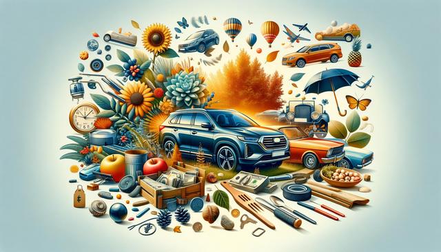 Collage of cars, sunflowers, hot air balloons, clock, fruits, leaves, and various objects.