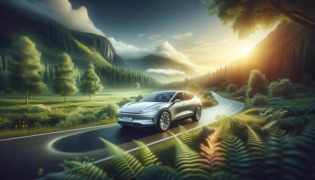 A sleek silver car on a winding road through a lush green valley at sunset.