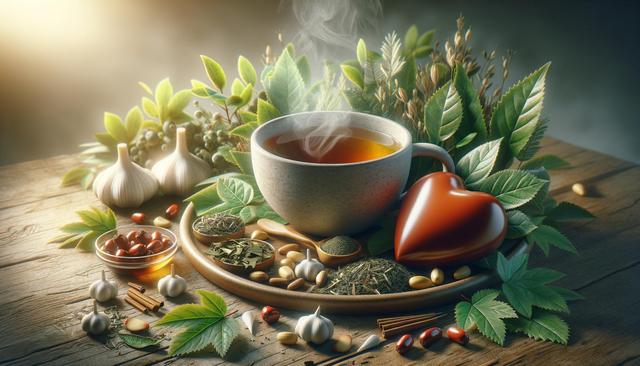 Steaming cup of tea with herbs, garlic, and pills on a wooden table.