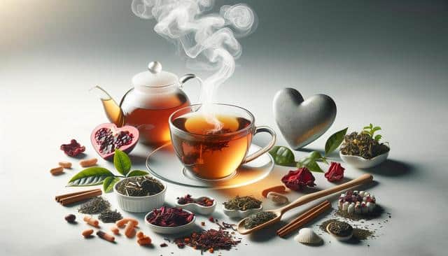 Steaming teapot with cup surrounded by herbs, spices, and a heart-shaped object.