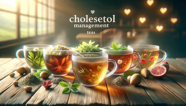 Five cups of herbal tea with various ingredients, labeled "cholesterol management teas."