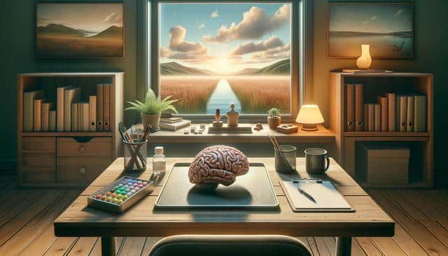 A cozy study features a brain model on a desk, art supplies, a scenic landscape framed by a window, bookshelves, plants, and soft lighting.