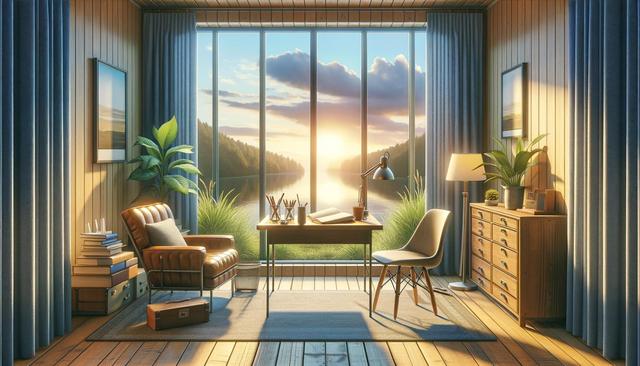 Cozy study with large windows showing a sunset over a lake, a leather chair, desk, and plants.