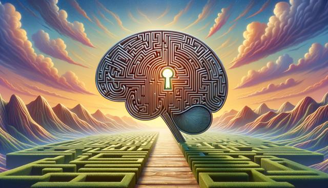 A brain-shaped maze with a keyhole at its center, set against a colorful sunrise sky and mountainous landscape.