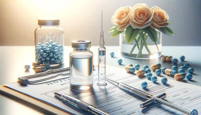 Medical supplies on a table: syringe, vial, pills, paperwork, and flowers in the background.