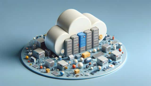A cloud with server racks and various tech gadgets on a circular platform.